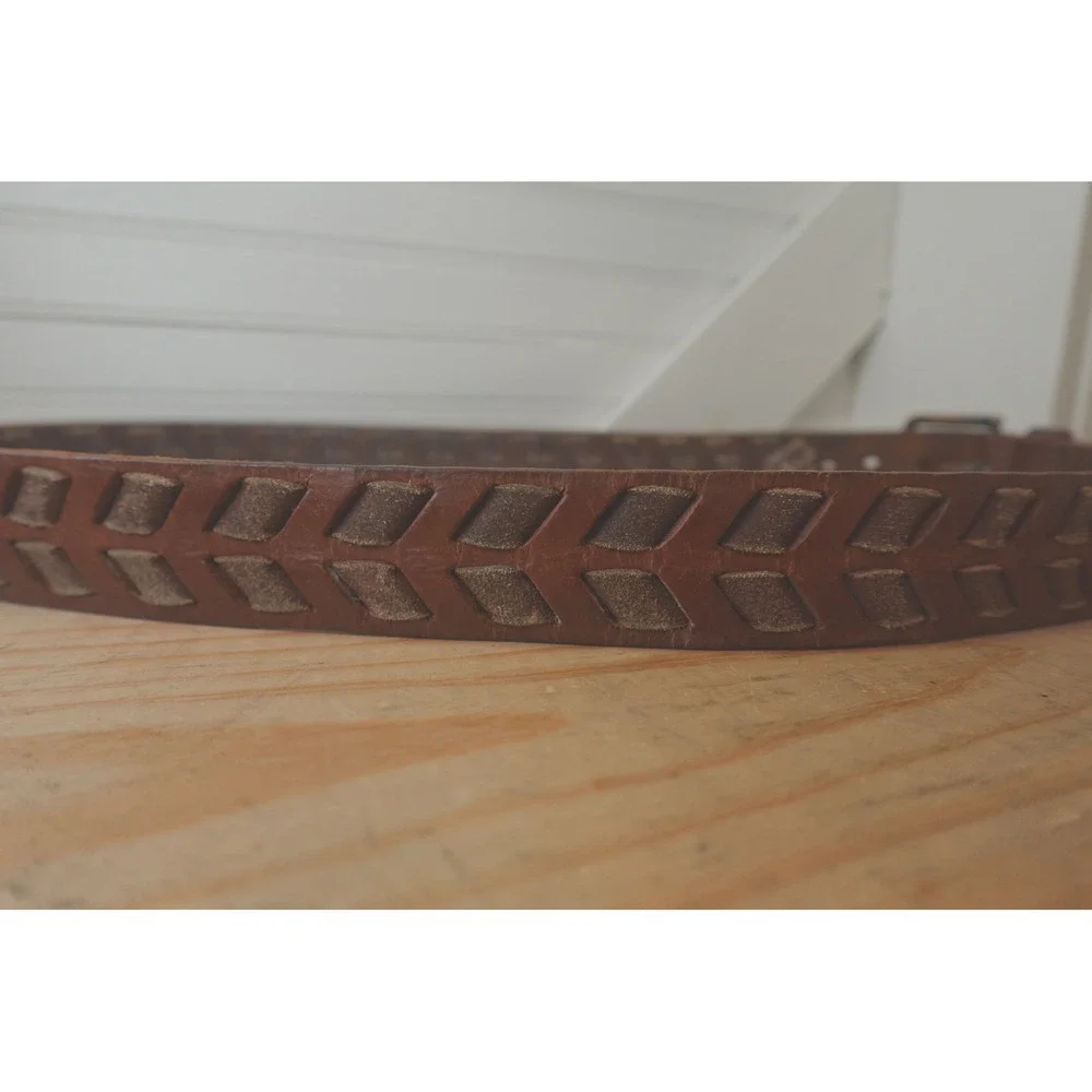 Brown Leather Chevron Braided Belt Men's XL Copper Buckle Two-Tone Vintage Boho